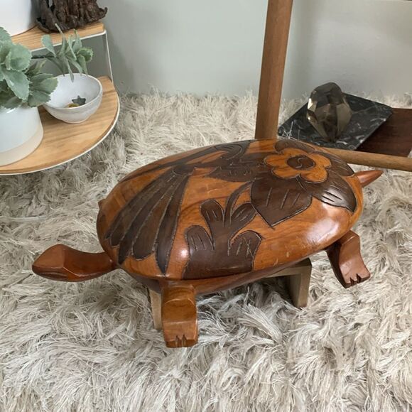 Vintage Decorative Hand Carved Wooden Large Turtle Tortoise Trinket Box W/Lid - Picture 2 of 16